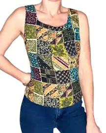 Vintage  Sport Women’s Green & Beige Floral Patchwork Retro Tank Top