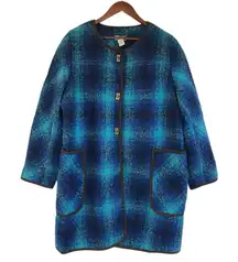 SOFT SURROUNDINGS Teal Blue Plaid Long Coat Size 1X Jacket Cape Wool Boucle
