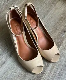 Schutz Peeptoe Patent Heels Tan