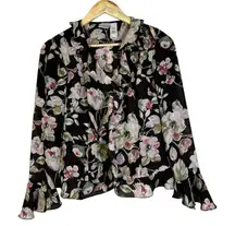 Emma James Petite Black Floral Ruffle Neck Long Sleeve Blouse Women's Size 6
