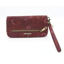 Travelon Floral RFID Wristlet Wallet Dark Red Pink Zip Around Small Hawaiian VTG