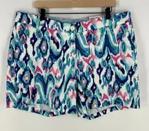 Crown & Ivy Caroline Multicolor‎ Blue Ikat Shorts Stretch Twill Flat Front