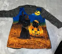 Women's Onque Casual PXL Halloween Black Cat & Pumpkin Long Sleeve Tee Blue Gray