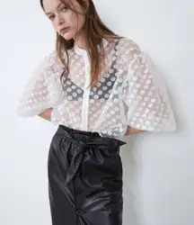 Zara White Polka Dot Sheer Organza 3/4 Sleeve Cropped Button Up Blouse Size M