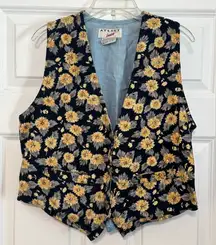 90’s Vintage At Last Button Front Sunflower Floral Print Tie Back Vest Medium
