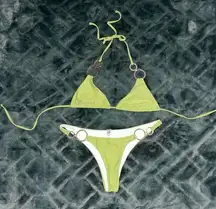 Green bikini with gold hoop details