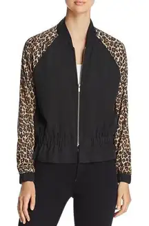 Three Dots Leopard Print Bomber Jacket - Black/Camel‎ Full Zip Up Womens Size XS