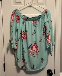 Tickled Teal Small Womens Aqua Pink Floral Off the Shoulder Shirt Medium beachy