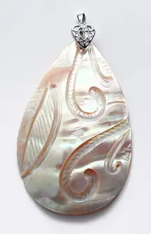 Shell Pendant For Necklace Mother Of Pearl 3.5" Teardrop 18K GF Silver Heart