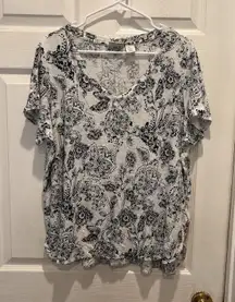 RACHEL ZOE 100% LINEN Black White Floral Print‎ Pullover Blouse Size 2X Beachy