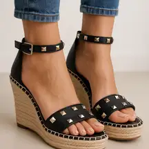 Marc Fisher Black Studded Leather Espadrille Wedge Sandals Size 9.5M