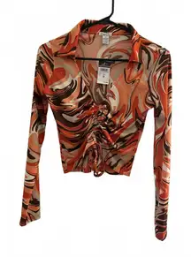 New Rue21 Women's Crop Top Medium Polyester Spandex Red Peach White Chic Retro