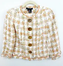 ETCETERA Linen Fringe Snap Front Cropped Jacket Blazer Size 12 White Orange‎