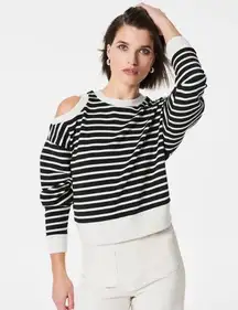 SPANX Black and White Striped Top airEsential Cold Shoulder Sweater New Boxy