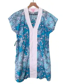 Short Sleeve V Neck Mini Dress Pattern Blue White Size Large