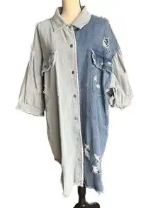 POL Oversize Two Tone Blue Distressed Denim Jacket  Size S