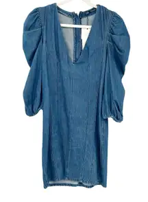 Zara Womens Casual Chic 70s V-Neck‎ Puff Statement Sleeve Denim Dress Size XS