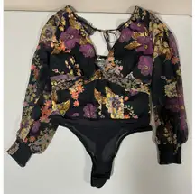 Free People Black Purple Floral Long Sleeve Shirt Top Blouse Bodysuit Size M 💜🖤✨