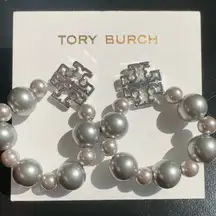New Authentic Tory Burch Silver Britten Pearl Logo Earrings on TB Earring Card