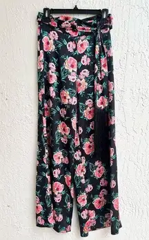 MISA floral wide leg pants with scarf fringe belt Extra small black