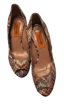 Missoni Women's Heels Size 37.5 Multicolor Zigzag Peep Toe Platform Pumps