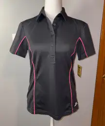 J. Lindeberg logo charcoal gray Polo Shirt Pink piping Athletic Golfing fitted