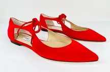 Jimmy Choo Vanessa Flat Red Suede Strap Lace Pointed Toe Ballet Flats Size 36.5