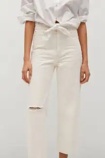 Mango Gabriela High Waist Distressed Knee Wide Leg Button Fly Jeans Ecru Sz 2