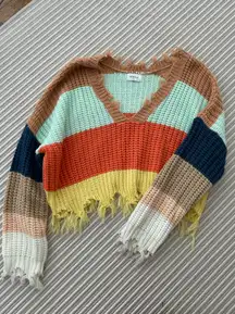 Colorblock Frayed Sweater