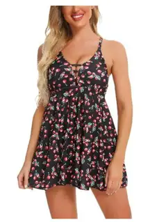 Black Cherry Cherries Print Tankini Top Shorts Swimsuit Size Med NWT #1300