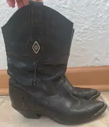 CODE WEST WOMEN LENGTH WESTERN BLK LTHR BOOT BRAZILIAN SILVER DISCS TOE CAP; 6.5