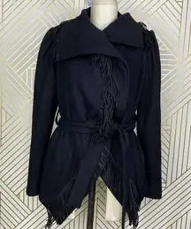 Lungta De Fancy London  Black Fringe Wool Wrap Jacket Size US 4