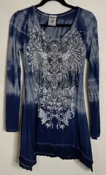 Vintage Y2K Vocal Womens Small Blue Long Sleeve Rhinestone Lace‎ Trim Fairy Goth