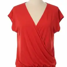Pleione Red Faux Wrap Blouse Medium High Low Drape Top Minimalist Office Siren
