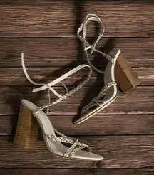 RAYE Gold Beige Braided Leather Laceup Heels Sandals Size 8