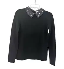 Neiman Marcus Cashmere Black Embellished Collar Long Sleeve Sweater Size Small