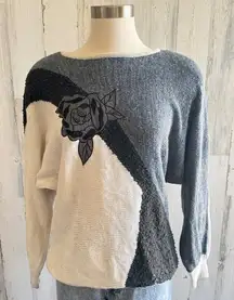 Vintage Floral Sweater beading Ramie Cotton Silk‎ medium 80s Knit 90s