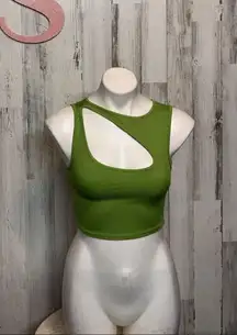 Pull & Bear Lime Green Cutout Tank Top | Ribbed Asymmetrical Crop Top Size XS