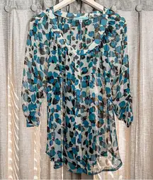 Pleione Teal and Black Sheer Patterned Blouse Size Medium