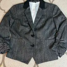 Express faux leather collar ruched sleeves front pockets blazer