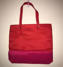 Lancôme Bag Large Flamingo Print Lining & Red & Pink Colorblock Exterior Tote