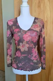 y2k Therapy Sheer floral mesh long sleeve v neck top with lettuce trim