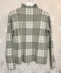 Tahari Mock Neck Sweater Green and White Plaid Medium