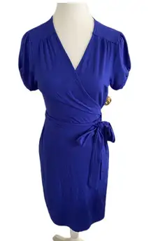 Lands' End Blue Wrap Midi Dress with Short Puff Sleeves V Neck Size Small