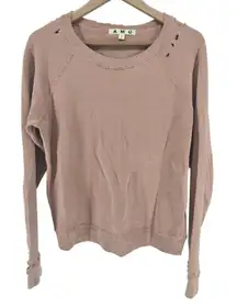AMO Womens Long Sleeve Crew‎ Neck Distressed Pullover Sweatshirt Pink Medium