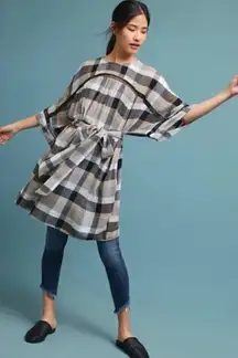 Maeve Anthropologie Oversized Plaid Kimono Tunic Dress Tie WaistTan Black Small