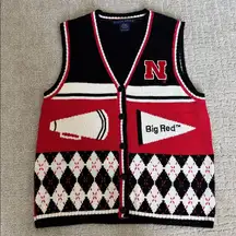 Vintage Nebraska Football Cornhuskers Sweater Vest argyle black white red button
