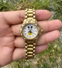 90s Time Works Watch Mickey Mouse Stainless Steel Gold Tone Quartz - 6”