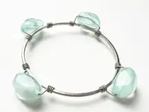 Bourbon & Bowties Aqua Blue Glass Bead Bangle Bracelet Silver Tone Wire Wrapped
