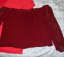 2 red shirts bundle set keyhole cutout t-shirt, and off the shoulder lacy eyelet